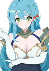 Rule 34 | 1girl, blue hair, bow, braid, breasts, chloe (fire emblem), cleavage, commentary request, elbow gloves, fire emblem, fire emblem engage, gloves, green eyes, hair between eyes, hair bow, highres, kocha (jgug7553), large breasts, long hair, looking at viewer, nintendo, partial commentary, red bow, simple background, smile, solo, upper body, very long hair, white background, white gloves