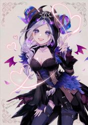 Rule 34 | 1girl, artist name, black choker, blush, braid, choker, earrings, eric knikki, fiona gilman, fur, glowing, hand on thigh, heart, heart of string, horns, identity v, jewelry, looking at viewer, nail polish, open mouth, petals, purple eyes, purple nails, single braid, solo, wings
