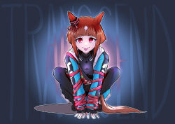 Rule 34 | 1girl, absurdres, animal ears, badge, black gloves, black pants, black shirt, breasts, brown hair, button badge, character name, closed mouth, ear ornament, enomori neko, fanny pack, fingerless gloves, full body, gloves, headphones, headphones around neck, highres, hood, hooded jacket, horse ears, horse girl, horse tail, jacket, long sleeves, looking at viewer, medium breasts, pants, red eyes, shirt, short hair, smile, solo, squatting, straight-on, tail, tongue, tongue out, transcend (umamusume), umamusume, v arms