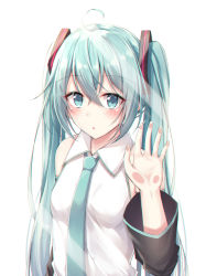 Rule 34 | 1girl, :o, against glass, ahoge, akira (been0328), bad id, bad pixiv id, bare shoulders, black sleeves, blush, breasts, collared shirt, commentary request, detached sleeves, green eyes, green hair, green necktie, hair between eyes, hair ornament, hand up, hatsune miku, long hair, long sleeves, looking at viewer, necktie, parted lips, shirt, simple background, sleeveless, sleeveless shirt, small breasts, solo, twintails, very long hair, vocaloid, white background, white shirt