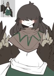 Rule 34 | 1girl, :3, absurdres, animal ears, bird ears, black feathers, black hair, black wings, blush, borrowed character, commentary, double v, feathered wings, feathers, green skirt, hair over eyes, harpy, highres, long hair, midriff, monster girl, navel, nn (eogks), original, poncho, reference inset, simple background, skirt, solo, v, white background, winged arms, wings