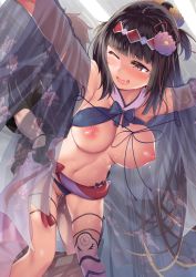 Rule 34 | 1boy, 1girl, bare shoulders, bikini, bikini bottom aside, black gloves, black hair, black jacket, blue bikini, blush, breasts, brown hair, censored, clothed sex, clothes pull, clothing aside, command spell, fate/grand order, fate (series), flower, fujimaru ritsuka (male), fujimaru ritsuka (male) (polar chaldea uniform), gloves, gradient hair, hair flower, hair ornament, hairband, halterneck, hetero, highres, jacket, large breasts, leaning forward, long hair, looking back, mosaic censoring, multicolored hair, navel, nipples, one eye closed, ono misao, open mouth, osakabehime (fate), osakabehime (swimsuit archer) (fate), osakabehime (swimsuit archer) (third ascension) (fate), pants, pants pull, penis, polar chaldea uniform, purple eyes, pussy, sarong, see-through, sex, shawl, short hair, single thighhigh, smile, standing, standing sex, swimsuit, thighhighs, thighs, vaginal, very long hair