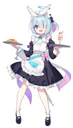 Rule 34 | 1girl, absurdres, arona (blue archive), blue archive, blue eyes, blue hair, breasts, cleavage, commentary request, desert, food, full body, hair over one eye, halo, headband, highres, looking at viewer, maid headdress, medium hair, ohihil, omelet, parfait, plate, shoes, simple background, small breasts, solo, white background