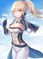 Rule 34 | 1girl, ;d, belt, blonde hair, blue belt, blue capelet, blue eyes, blue gloves, blue sky, breasts, capelet, cleavage, cloud, commentary, cowboy shot, dandelion, day, detached collar, detached sleeves, flower, genshin impact, gigamessy, gloves, hair between eyes, hand up, holding, holding flower, jean (genshin impact), large breasts, leggings, long hair, one eye closed, open mouth, pants, ponytail, sky, smile, solo, standing, strapless, thighs, tube top, white pants