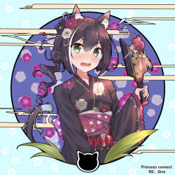 Rule 34 | 1girl, absurdres, animal ear fluff, animal ears, black flower, black hair, black kimono, blush, braid, cat ears, cat girl, cat tail, copyright name, egasumi, fang, fengyue jiang, floral background, floral print, flower, frilled sleeves, frills, green eyes, hair between eyes, hand up, highres, holding, japanese clothes, karyl (new year) (princess connect!), karyl (princess connect!), kimono, long hair, long sleeves, nose blush, obi, open mouth, ponytail, princess connect!, print kimono, red flower, ringlets, sash, sleeves past wrists, solo, tail, white flower, wide sleeves