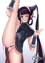 Rule 34 | 1girl, armpits, bare shoulders, black dress, blue eyes, blush, breasts, censored, china dress, chinese clothes, closed mouth, detached sleeves, dress, fate/grand order, fate (series), hair ornament, highres, large breasts, long hair, looking at viewer, no panties, one eye closed, purple hair, pussy, signdasuyo, smile, solo, split, standing, standing on one leg, standing split, twintails, v, very long hair, yang guifei (fate), yang guifei (second ascension) (fate)