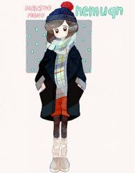 Rule 34 | 1girl, beanie, beige background, black pantyhose, blue scarf, blush stickers, bob cut, brown eyes, brown hair, character name, closed mouth, coat, fringe trim, full body, grey footwear, hands in pockets, hat, head tilt, legs together, pantyhose under shorts, looking at viewer, loose socks, matsuo mono, mixed media, no nose, open clothes, open coat, original, pantyhose, plaid, plaid scarf, pom pom (clothes), real life, red shorts, rounded corners, scarf, shoes, short hair, shorts, signature, socks, socks over pantyhose, solo, standing, star-shaped pupils, star (symbol), symbol-shaped pupils, tareme, white pantyhose, winter clothes