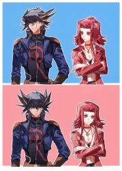 Rule 34 | 1boy, 1girl, absurdres, black hair, black jacket, blonde hair, blue background, blue eyes, blue jacket, border, breasts, brown eyes, brown gloves, choker, cleavage, collarbone, crossed arms, duel academy uniform (yu-gi-oh! 5d&#039;s), facial mark, fudo yusei, gloves, hair between eyes, hair intakes, hand on own hip, highres, izayoi aki, jacket, jewelry, long sleeves, looking at another, looking away, medium breasts, multicolored hair, naoki (2rzmcaizerails6), open clothes, open jacket, outline, pendant, pink background, print jacket, red choker, red hair, red jacket, sidelocks, spiked hair, split screen, two-tone hair, upper body, white border, yu-gi-oh!, yu-gi-oh! 5d&#039;s, zipper