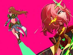 2boys bare_shoulders blonde_hair earrings from_behind full_body glint jewelry long_hair looking_at_viewer looking_back milo_monzon multiple_boys mythra_(xenoblade) pink_background pyra_(xenoblade) red_eyes red_hair short_hair simple_background smile star_(symbol) star_earrings tiara upper_body xenoblade_chronicles_(series) xenoblade_chronicles_2