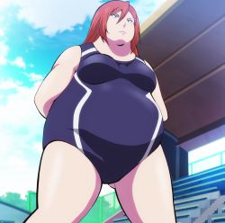 Rule 34 | 10s, 1girl, breasts, competition swimsuit, fat, highres, keijo!!!!!!!!, long hair, medium breasts, obese, one-piece swimsuit, orange hair, solo, standing, stitched, swimsuit, third-party edit, ujibe nagisa