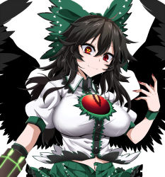 Rule 34 | 1girl, arm cannon, black hair, black wings, bow, breasts, commentary request, feathered wings, green bow, green skirt, hair between eyes, hair bow, hand up, head tilt, highres, large breasts, long hair, looking at viewer, miniskirt, nail polish, navel, puffy short sleeves, puffy sleeves, radiation symbol, red eyes, red nails, reiuji utsuho, rihito (usazukin), shirt, short sleeves, simple background, skirt, smile, solo, symbol-shaped pupils, touhou, upper body, weapon, white background, white shirt, wing collar, wings