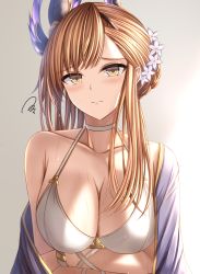 Rule 34 | 1girl, arms under breasts, asymmetrical bangs, bikini, blush, bracelet, breasts, brown eyes, brown hair, choker, cleavage, closed mouth, collarbone, embarrassed, flower, granblue fantasy, hair flower, hair ornament, highres, jewelry, kanpyou (hghgkenfany), large breasts, long hair, looking at viewer, official alternate costume, shawl, solo, swimsuit, tweyen (eternal&#039;s summer vacation) (granblue fantasy), tweyen (granblue fantasy), upper body, wet, white bikini, white choker
