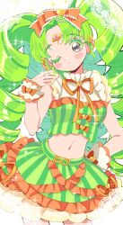 Rule 34 | 1girl, breasts, cleavage cutout, closed mouth, clothing cutout, colored eyelashes, commentary request, cowboy shot, cropped shirt, drill hair, falulu, forehead jewel, frilled skirt, frills, green hair, green shirt, green skirt, grey eyes, hand on own hip, hand up, headphones, highres, idol clothes, long hair, looking at viewer, midriff, one eye closed, orange ribbon, parted bangs, pretty series, pripara, ribbon, shirt, sidelocks, skirt, small breasts, solo, sparkle, standing, sukoyaka (100hituzi), twin drills, very long hair, wrist cuffs