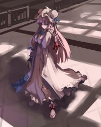 Rule 34 | 1girl, blush, book, breasts, crescent, female focus, full body, hat, large breasts, long hair, patchouli knowledge, purple eyes, purple hair, shishamo@, solo, standing, touhou, window shadow
