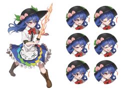 Rule 34 | 1girl, absurdres, black hat, blue hair, blue skirt, boots, bow, bowtie, brown footwear, buttons, center frills, closed mouth, collared shirt, frilled skirt, frills, fruit hat ornament, full body, hair between eyes, hat, hat ornament, highres, hinanawi tenshi, holding, holding sword, holding weapon, long hair, multiple views, peach hat ornament, puffy short sleeves, puffy sleeves, rainbow order, red bow, red bowtie, red eyes, shirt, short sleeves, simple background, skirt, smile, sword, sword of hisou, touhou, wanko sora, weapon, white background, white shirt