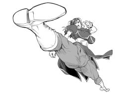 Rule 34 | 1girl, boots, breasts, capcom, china dress, chinese clothes, chun-li, cleavage, huge breasts, jumping, kicking, legs, monochrome, numahana, solo, street fighter, street fighter v, sweat