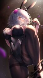 Rule 34 | 1girl, absurdres, ahoge, animal ears, black leotard, blush, breasts, chain, clenched teeth, covered navel, fake animal ears, fate/grand order, fate (series), flower, gluteal fold, grey hair, hair flower, hair ornament, highleg, highleg leotard, highres, holding, holding chain, jeanne d&#039;arc alter (fate), large breasts, leotard, looking at viewer, pantyhose, penguintake, playboy bunny, rabbit ears, short hair, solo, strapless, strapless leotard, teeth, thighband pantyhose, thighhighs, white hair, yellow eyes