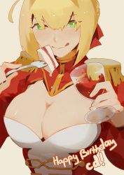Rule 34 | 1girl, 3four, ahoge, blonde hair, blush, breasts, cleavage, dress, fate/extra, fate (series), green eyes, hair ribbon, large breasts, looking at viewer, nero claudius (fate), nero claudius (fate), nero claudius (fate/extra), ribbon, short hair, simple background, smile, solo