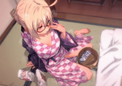 Rule 34 | 1girl, ahoge, artoria pendragon (fate), barefoot, bespectacled, black-framed eyewear, blonde hair, blush, checkered clothes, checkered kimono, collarbone, commentary request, electrical outlet, fate/grand order, fate (series), from above, fu-ta, glasses, hair between eyes, highres, indoors, japanese clothes, kimono, long sleeves, mysterious heroine x alter (fate), mysterious heroine x alter (traveling outfit) (fate), semi-rimless eyewear, short hair, sitting, solo, sweat, under-rim eyewear, yellow eyes