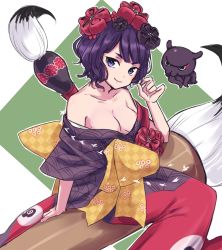 Rule 34 | 1girl, breasts, brush, cleavage, collarbone, fate/grand order, fate (series), hair ornament, head tilt, japanese clothes, katsushika hokusai (fate), kimono, looking at viewer, medium breasts, nm222, off shoulder, print kimono, purple eyes, purple hair, purple kimono, short hair, sitting, smile, solo, tokitarou (fate)