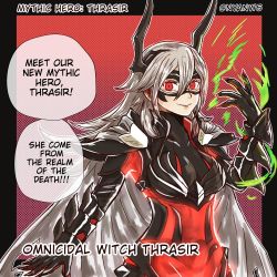 Rule 34 | 1girl, armor, breastplate, cape, closed mouth, domino mask, english text, engrish text, fire emblem, fire emblem heroes, grey hair, horns, long hair, mask, nintendo, nyawn5, ranguage, red eyes, smile, solo, thrasir (fire emblem), twitter username
