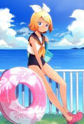 Rule 34 | 1girl, against railing, bag, blonde hair, blue eyes, blue sky, bow, cloud, crocs, day, fence, full body, grass, hair ornament, hairclip, handbag, highres, horizon, inflatable toy, innertube, kagamine rin, leaning against railing, legs, looking at viewer, nokuhashi, ocean, outdoors, railing, sailor collar, sandals, school swimsuit, short hair, sky, solo, swim ring, swimsuit, swimsuit under clothes, tan, vocaloid, water