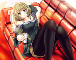 Rule 34 | 10s, 1girl, alcohol, beer, blonde hair, blue eyes, can, collarbone, couch, detached sleeves, fringe trim, green eyes, heterochromia, highres, idolmaster, idolmaster cinderella girls, infinote, lying, mole, mole under eye, pantyhose, pantyhose under shorts, pillow, red upholstery, short hair, shorts, smile, solo, takagaki kaede