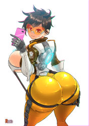 Rule 34 | 1girl, ass, breasts, brown hair, chromatic aberration, goggles, highres, huge ass, large breasts, leaning forward, looking at viewer, looking back, overwatch, overwatch 1, rebis, revision, selfie, short hair, skindentation, smile, solo, tracer (overwatch)