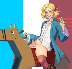 Rule 34 | 1boy, axis powers hetalia, bad id, bad pixiv id, blonde hair, bottomless, censored, cum, france (hetalia), hair ribbon, male focus, penis, pointless censoring, red thighhighs, ribbon, riko (k riko), short hair, small penis, smile, solo, tears, testicles, thighhighs, v, wooden horse