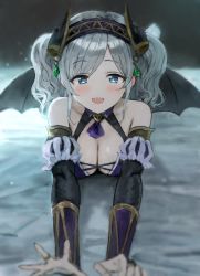 Rule 34 | 1girl, :d, akari (princess connect!), arm warmers, bat wings, black wings, blue eyes, blurry, blurry foreground, breasts, cleavage, grey hair, headband, highres, large breasts, lying, on stomach, open mouth, parted bangs, princess connect!, smile, solo, sonchi, wings