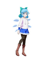 Rule 34 | 1girl, adapted costume, aqua bow, black pantyhose, blue eyes, blue hair, boots, bow, brown footwear, cato (monocatienus), cirno, commentary request, full body, grin, hair bow, hood, hoodie, ice, ice wings, knee boots, looking at viewer, medium hair, miniskirt, pantyhose, pom pom (clothes), simple background, skirt, smile, solo, standing, touhou, white background, wings