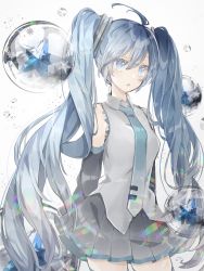 Rule 34 | 1girl, ahoge, bare shoulders, black skirt, black sleeves, blue eyes, blue hair, blue necktie, breasts, bubble, collared shirt, commentary request, cowboy shot, detached sleeves, gradient background, grey background, grey shirt, hair between eyes, hair ornament, hatsune miku, highres, long hair, long sleeves, looking away, necktie, parted lips, pleated skirt, shirt, siho (ricchil), skirt, small breasts, solo, star (symbol), tie clip, twintails, very long hair, vocaloid, white background