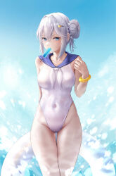 Rule 34 | 1girl, absurdres, azur lane, blue eyes, blue sailor collar, blue sky, breasts, casual one-piece swimsuit, cloud, covered navel, feet out of frame, food, grey hair, highres, jade (a lick of summer) (azur lane), jade (azur lane), medium breasts, mouth hold, neckerchief, one-piece swimsuit, popsicle, ressec, sailor collar, sailor one-piece swimsuit, short hair, sky, solo, standing, swimsuit, thigh gap, white neckerchief, white one-piece swimsuit