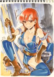 Rule 34 | 1girl, armor, blue armor, breasts, brown eyes, brown gloves, brown hair, cleavage, closed mouth, daisy (dq), dragon quest, dragon quest yuusha abel densetsu, fake horns, gloves, helmet, horned helmet, horns, kiasa, long hair, looking at viewer, smile, solo, sword, weapon