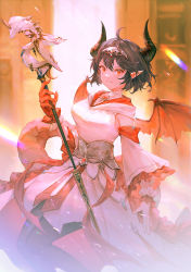Rule 34 | 1girl, ahoge, black hair, breasts, brooch, collar, commentary, dragon girl, dragon horns, dragon tail, dragon wings, dress, english commentary, feet out of frame, final fantasy, final fantasy xiv, granblue fantasy, grea (shingeki no bahamut), grin, hair between eyes, horns, jewelry, lens flare, long dress, long sleeves, looking at viewer, medium breasts, mixed-language commentary, pointy ears, red eyes, short hair, smile, solo, staff, tail, tiara, tsurime, vienri, warrior of light (ff14), wide sleeves, wings