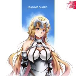 Rule 34 | 1girl, armor, armored dress, blonde hair, blue eyes, breasts, chain, character name, cleavage, closed mouth, dress, fate/apocrypha, fate (series), floating hair, hair between eyes, headpiece, highres, jeanne d&#039;arc (fate), jeanne d&#039;arc (ruler) (fate), jeanne d&#039;arc (third ascension) (fate), kirin27, large breasts, long hair, sleeveless, sleeveless dress, smile, solo, upper body, very long hair, white dress