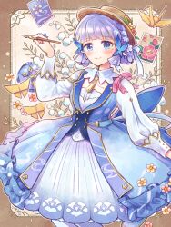 Rule 34 | 1girl, absurdres, ayaka (genshin impact), blue dress, blue eyes, blue hair, blunt bangs, blush, braid, butterfly hair ornament, closed mouth, commentary request, dress, flower, genshin impact, hair flower, hair ornament, hair up, hat, highres, hina cassiopeia, holding, holding pen, kamisato ayaka, kamisato ayaka (springbloom missive), light blue hair, long sleeves, looking at viewer, mole, mole under eye, official alternate costume, pen, smile, solo