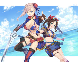 Rule 34 | 2girls, alternate costume, alternate hairstyle, american flag bikini, american flag print, anklet, bag, belt, bikini, bikini top only, blue belt, blue bikini, blue eyes, blue jacket, blue shorts, blue sky, boots, bow, breasts, brown belt, brown footwear, brown gloves, brown hair, brown jacket, choker, cleavage, cloud, commentary, cropped jacket, day, english commentary, fate/grand order, fate (series), fingerless gloves, flag print, forehead, gloves, goggles, goggles on head, green eyes, gun, gunblade, hair bow, hair bun, hair ornament, handgun, hiiragi (karashriker), holding, holding sword, holding weapon, jacket, jewelry, large breasts, leonardo da vinci (fate), leonardo da vinci (rider) (fate), leonardo da vinci (swimsuit ruler) (fate), long hair, long sleeves, looking at viewer, miyamoto musashi (fate), miyamoto musashi (fate/grand order), miyamoto musashi (swimsuit berserker) (fate), miyamoto musashi (swimsuit berserker) (second ascension) (fate), multicolored clothes, multicolored jacket, multiple girls, navel, necklace, ocean, official alternate costume, one eye closed, open clothes, outdoors, parted bangs, pointing, print bikini, red bikini, red bow, red jacket, short shorts, short sleeves, shorts, shrug (clothing), sidelocks, signature, single hair bun, sky, small breasts, smile, striped bikini, striped clothes, swimsuit, sword, teeth, thighhighs, twintails, two-tone bikini, two-tone jacket, vertical-striped bikini, vertical-striped clothes, water, weapon