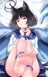 Rule 34 | 1girl, absurdres, animal ears, ass, barefoot, bed sheet, black eyes, black hair, black sailor collar, black skirt, blue archive, blue halo, blue neckerchief, blush, cat ears, cat tail, halo, haori, highres, japanese clothes, kikyou (blue archive), long sleeves, looking at viewer, mi taro333, multiple tails, neckerchief, open mouth, pleated skirt, sailor collar, school uniform, serafuku, short hair, skirt, soles, solo, tail, toes, two tails