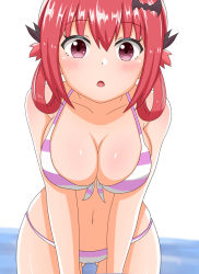 Rule 34 | 1girl, absurdres, bad id, bad pixiv id, bare shoulders, bat hair ornament, bikini, bikini top only, blurry, blurry background, blush, breasts, cleavage, gabriel dropout, gluteal fold, hair ornament, highres, large breasts, leaning forward, looking at viewer, medium hair, navel, ocean, open mouth, outdoors, poa mellhen, purple eyes, red hair, satanichia kurumizawa mcdowell, solo, striped bikini, striped clothes, swimsuit, thighhighs, water