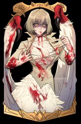 Rule 34 | 1girl, black background, blonde hair, blood, blood on body, body fur, breasts, cchocolace, chimera, dungeon meshi, falin touden, falin touden (chimera), feathered wings, feathers, glowing, glowing eyes, highres, large breasts, looking at viewer, monster girl, short hair, simple background, solo, torn clothes, upper body, wings, yellow eyes