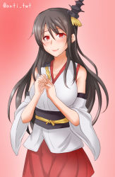 Rule 34 | 1girl, anti (untea9), black hair, commentary request, cowboy shot, detached sleeves, fusou (kancolle), gradient background, hair ornament, hakama, hakama skirt, headgear, highres, japanese clothes, kantai collection, long hair, red background, red eyes, red skirt, skirt, solo, standing