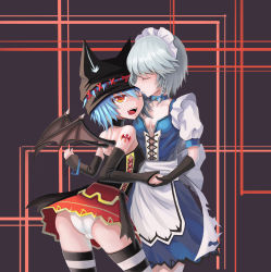 Rule 34 | 2girls, absurdres, adapted costume, alternate costume, animal ears, apron, ass, bare shoulders, bat ears, bat wings, black gloves, blue dress, blue hair, braid, breasts, bustier, cameltoe, choker, cleavage, closed eyes, corsage, detached sleeves, dress, elbow gloves, fangs, gloves, hat, hat with ears, highres, holding hands, izayoi sakuya, leidami, looking at viewer, looking back, maid, maid apron, maid headdress, miniskirt, multiple girls, one eye closed, open mouth, orange eyes, panties, puffy sleeves, remilia scarlet, short sleeves, silver hair, skirt, small breasts, smile, striped clothes, striped legwear, striped thighhighs, tattoo, thighhighs, touhou, twin braids, underwear, upskirt, waist apron, white panties, wings, wink