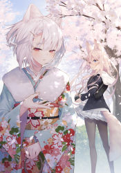 Rule 34 | 2girls, animal ears, black jacket, blue eyes, blue kimono, blue sky, blush, camera, cloud, commentary request, day, floating hair, floral print, flower, fur collar, grey skirt, hair between eyes, hair flower, hair ornament, hairclip, hand up, highres, holding, holding camera, hood, hood down, hoodie, jacket, japanese clothes, kimono, light brown hair, long hair, mole, mole under eye, multiple girls, obi, open clothes, open jacket, original, outdoors, parted lips, petals, pink flower, plaid, plaid skirt, pleated skirt, print kimono, red eyes, sash, skirt, sky, tail, tokuno yuika, tree, upper body, very long hair, white flower, white hair, white hoodie