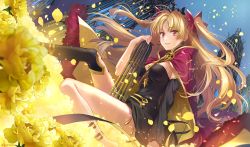 Rule 34 | 1girl, asymmetrical legwear, asymmetrical sleeves, between breasts, birdcage, black dress, black thighhighs, blonde hair, blush, breasts, cage, cape, detached collar, dress, earrings, ereshkigal (fate), fate/grand order, fate (series), field, flower, flower field, fur-trimmed cape, fur trim, gold trim, hagiwara rin, hoop earrings, infinity symbol, jewelry, long hair, looking at viewer, medium breasts, open mouth, parted bangs, red cape, red eyes, short dress, single sleeve, single thighhigh, sitting, skull, smile, solo, spine, thighhighs, tiara, two side up, uneven legwear, uneven sleeves