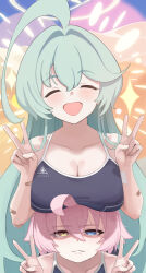 Rule 34 | 2girls, abydos high school swimsuit, ahoge, black one-piece swimsuit, blue archive, blue eyes, blush, breasts, cleavage, closed mouth, collarbone, commentary request, day, desert, double v, fingernails, green hair, hair between eyes, halo, heterochromia, highres, hoshino (blue archive), hoshino (young) (blue archive), huge ahoge, huge breasts, long hair, multiple girls, one-piece swimsuit, open mouth, outdoors, pink hair, school swimsuit, shaded face, short hair, smile, swimsuit, v, yamaneko (tkdrumsco), yellow eyes, yellow halo, yume (blue archive)