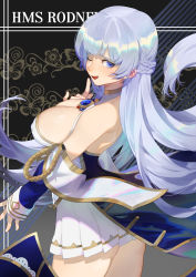 Rule 34 | 1girl, ass, azur lane, bare shoulders, blue gemstone, braid, breasts, character name, cleavage, covered erect nipples, detached sleeves, french braid, from side, gem, highres, large breasts, light purple hair, long hair, looking at viewer, looking back, pleated skirt, purple eyes, rodney (azur lane), skirt, solo, uyuyuun, very long hair, white skirt