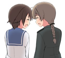 Rule 34 | 2girls, ahoge, braid, brown hair, closed eyes, forehead-to-forehead, hair ribbon, heads together, lynette bishop, military, military uniform, miyafuji yoshika, momiji7728, multiple girls, open mouth, ribbon, simple background, strike witches, uniform, world witches series