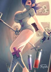 Rule 34 | 1girl, absurdres, blue hair, bonesaw, breasts, catacombs, choker, cleavage, eyepatch, gloves, hair over one eye, hat, highres, holding, holding weapon, large breasts, latex, latex gloves, leg wrap, looking at viewer, looking down, nurse cap, ponytail, red eyes, ryuji (red-truth), saw, skeleton, skull, skullgirls, solo, syringe, valentine (skullgirls), weapon