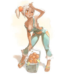 Rule 34 | 1girl, absurdres, arm up, bare arms, bare shoulders, basket, blue overalls, breasts, cleavage, dark-skinned female, dark skin, food, food-themed hair ornament, fruit, full body, hair ornament, highres, leaning forward, legs apart, long hair, medium breasts, one eye closed, open mouth, orange (fruit), orange eyes, orange hair ornament, orange slice, original, overalls, sandals, simple background, solo, standing, strap slip, sweat, white hair, wiping forehead, xaxaxa